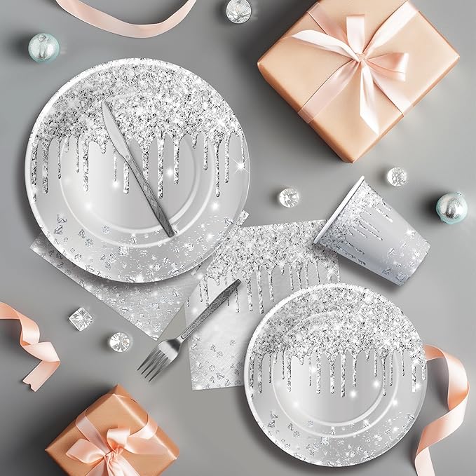 Silver Plates And Napkins Party Supplies - Silver Party Decorations Tableware For Birthday Bridal Shower, Paper Plate, Napkin, Cup, Cutlery, Diamonds Glitter Table Decorations | Serve 24