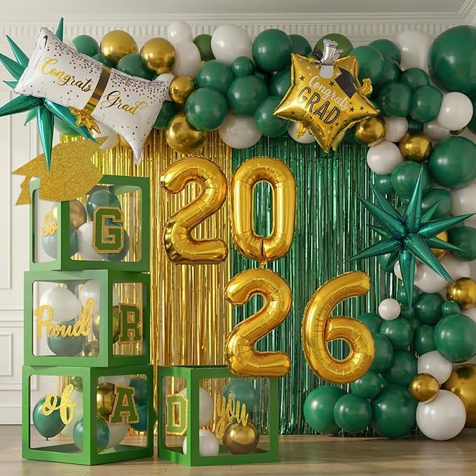 Green Graduation Decorations 2026 Set of 4 GRAD Balloon Boxes with Balloon Arch Garland Kit mylar balloons Fringe Curtain So Proud of You 2026 prom Graduation Decorations