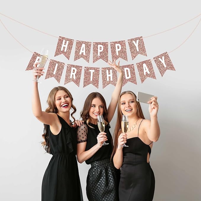 Pre-strung Happy Birthday Banner - No DIY - Rose Gold Glitter Birthday Party Banner - Pre-strung Garland on 6 ft Strands - Rose Gold Bday Party Decorations & Decor. Did We Mention No DIY