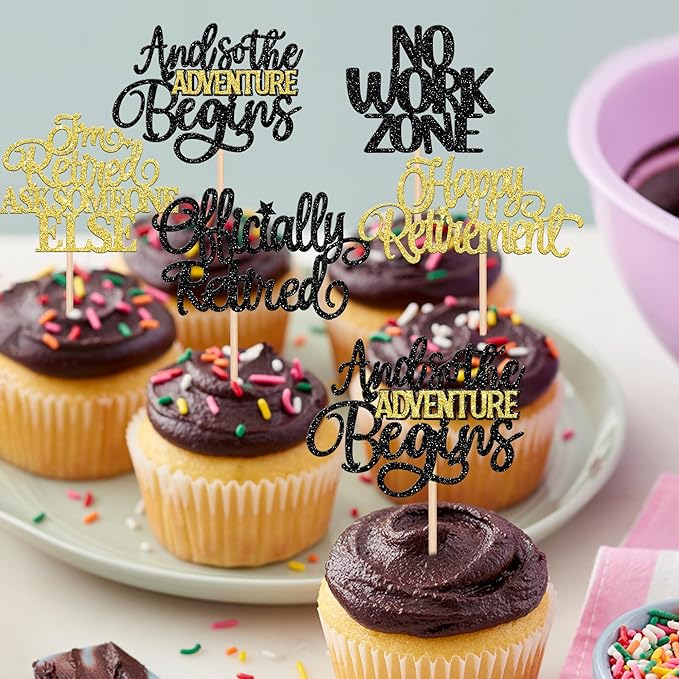 30 PCS Happy Retirement Cupcake Toppers Officially Retired Cupcake Picks No Work Zone Adventure Begins Cake Decorations for Retirement Theme Farewell Birthday Party Supplies Black Gold