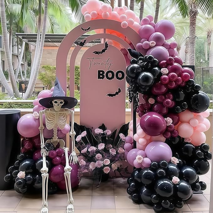 Halloween Balloon Arch Garland Kit, Black Pink Witch Halloween Balloons with Spider & Bat Decor, Metallic Fuchsia Pastel Goth Spooky Balloon for halloween Party Home Garden Outdoor Party Decorations