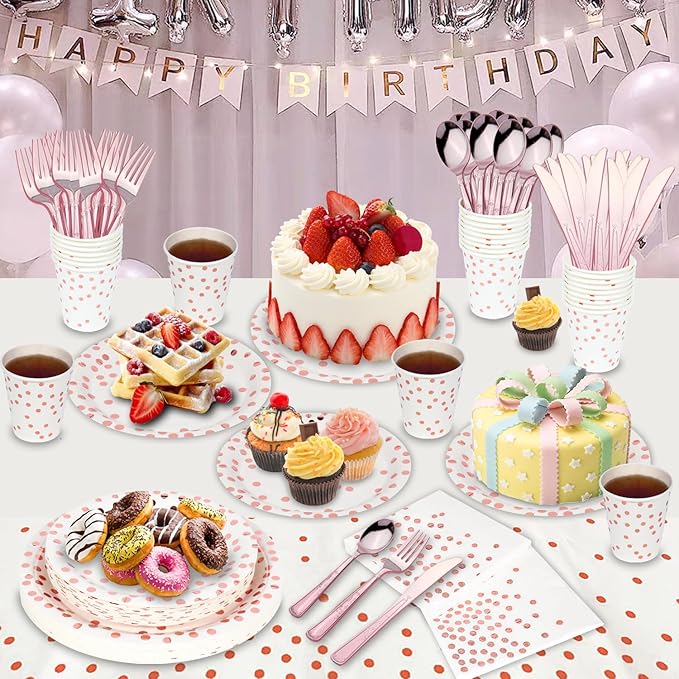 176 Pieces Gold Disposable Party Dinnerware Set &Golden Dot Disposable Party Dinnerware - Black Paper Plates Napkins Cups, Gold Plastic Forks Knives Spoons (25 Guests,176 Pieces)