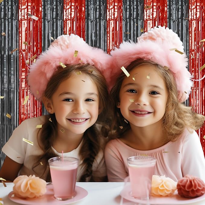 2 Pack Foil Fringe Backdrop - Red&Black Shiny Tinsel Curtains for Party Decoration/Photo Booth Props - 3.3x6.6 FT Metallic Foil Backdrop for Birthday, Wedding, Graduation, Christmas.