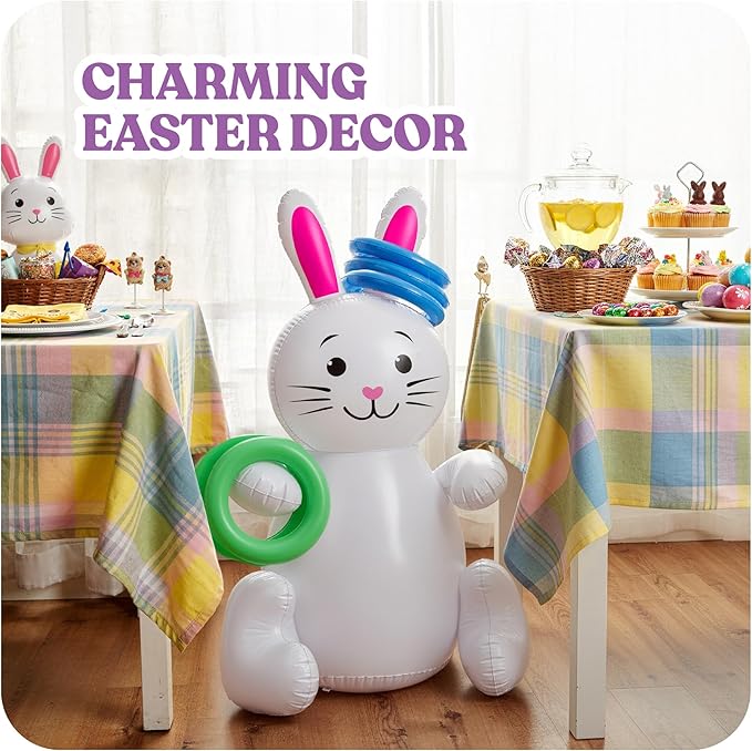 30" Easter Bunny Inflatable Ring Toss Game - Easter Games for Kids with 6 Rings - Weighted Bottom to Keep Inflatable Rabbit Upright - Family Outdoor Easter Party Games for Kids and Adults