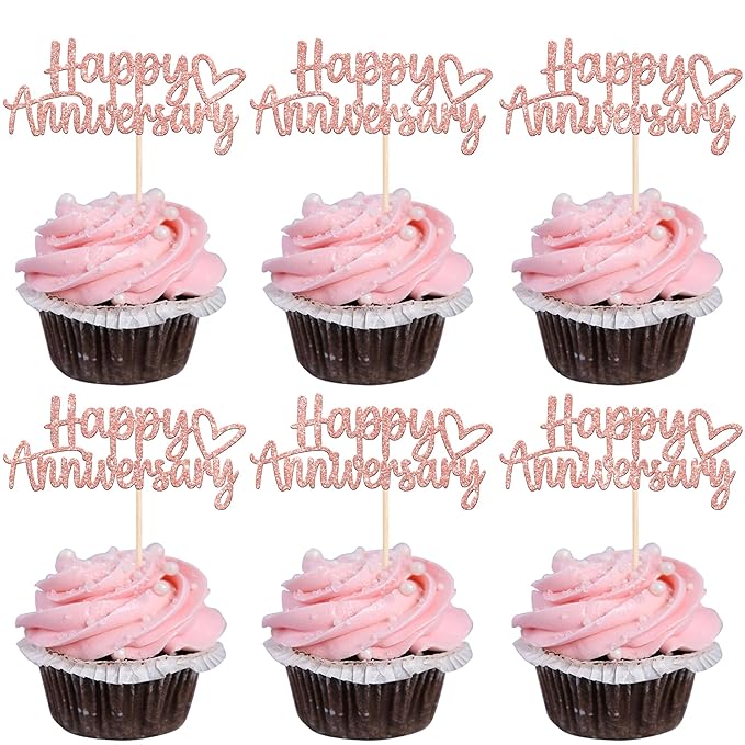 24 PCS Happy Anniversary Cupcake Toppers Glitter Wedding Anniversary Cupcake Picks Decorations for Wedding Anniversary Birthday Party Supplies Rose Gold