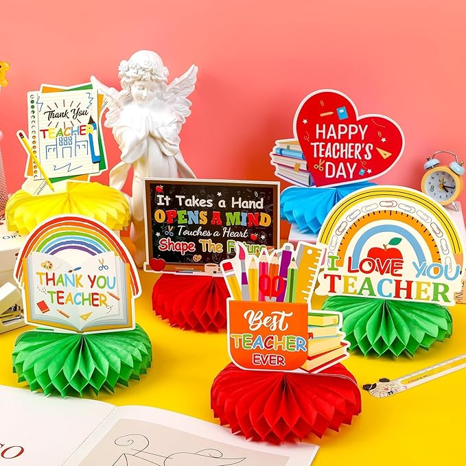 10 Pcs Teacher Appreciation Week Table Honeycomb Centerpieces Decorations, Thank You Teacher Table Centerpieces Table Topper for Teacher Day Graduation Home School Classroom Party Desk Decor