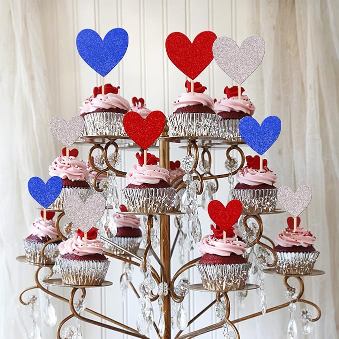 30 PCS Love Heart Cupcake Toppers Glitter Sweet Love Cupcake Picks Wedding Engagement Bridal Shower Cake Decorations for Valentine's Day Baby Shower Birthday Party Supplies Blue Red Silver