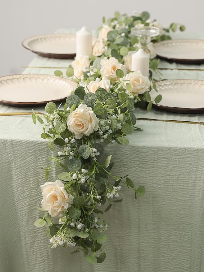 Anna's Whimsy 2PCS 5.91FT Artificial Eucalyptus Greenery with Flowers, Fake Rose Gypsophila for Wedding Spring Home Party Decor（Champagne）