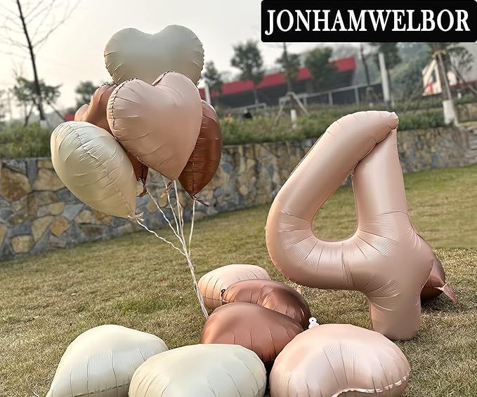 Jonhamwelbor 40 inch Caramel Number 4 Balloon Retro Large Big Giant Jumbo Foil Helium Mylar Number Balloon with Heart Balloons for Girl 4th Four Year Old Birthday Party Decor (40 inch Beige 4)