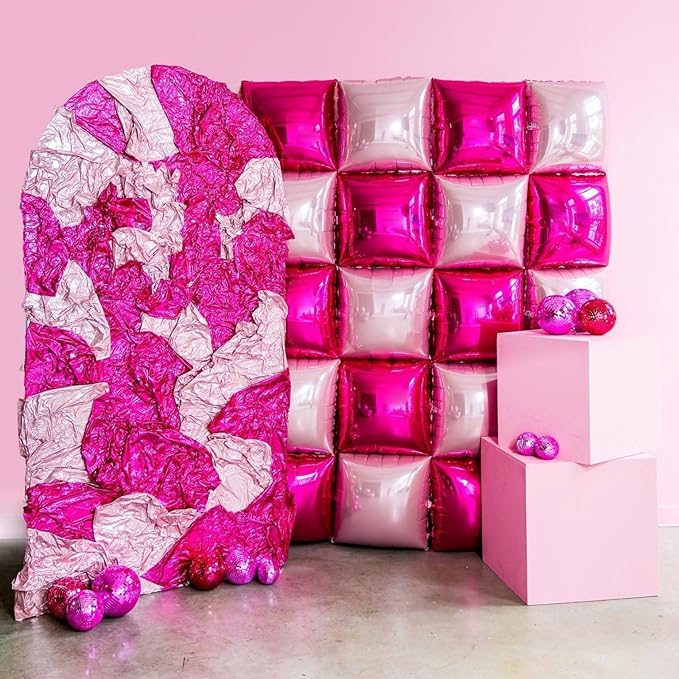 Hot Pink and Rose Double Sided Square Foil Balloons Wall,19 Inches Pink Metallic Foil Balloons Tunnel Arch Kit for Girls Bachelorette,Wedding,Anniversary,Valentine's Day Party Background Decoration