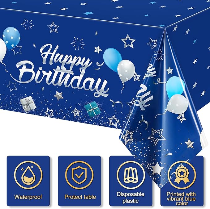 Tegeme Navy Blue Party Supplies Stars Happy Birthday Tablecloths Starry Confetti Table Covers for Kids Boys Girls Baby Shower Birthday Party Decorations(Navy Blue and Silver,1 Pack)
