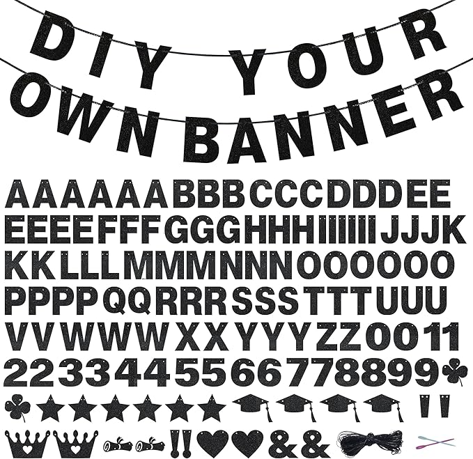 131 PCS Custom Banner Glitter DIY Letter Banners Personalized Banner for Birthday Congratulations Wedding Party Black 5-inch
