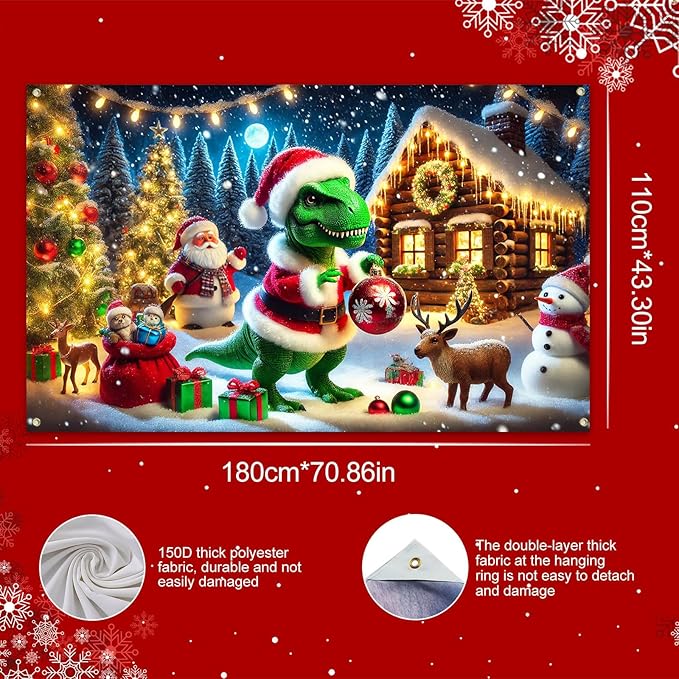 Christmas Banner Dinosaur Santa Claus Holiday Winter Wonderland Decorations Photo Backdrop Snow Scene Party Decor Tree Lights Gifts Reindeer Background for Wall 71 X 43 Inches