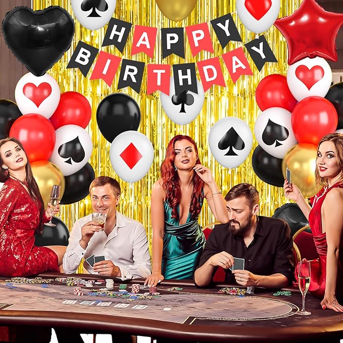 Casino Theme Party Decorations for Men Women, Casino Birthday Decorations with Poker Balloons 'HAPPY BIRTHDAY' Banner Cake Topper Star Foil Balloons Fringe Curtain for Las Vegas Game Night Party Decor