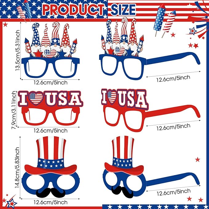 Pajean 32 Pcs 250th USA Patriotic Party Decorations Eyeglasses 250th Anniversary Themed Paper Glasses Supplies USA Patriotic Photo Booth Props Frame for Independence Day Memorial Decor Favors Supplies