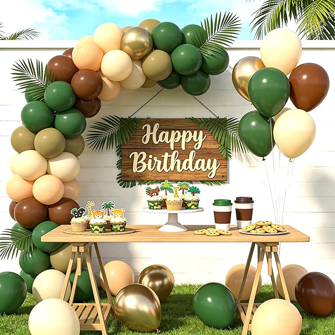 Green and Brown Balloons Set, 60 Pcs 12 Inch green brown balloons Jungle Safari Woodland Forest Balloon Metallic Gold Cream Brown Olive Green Coffee Blush Balloon for Baby Shower Birthday Decorations