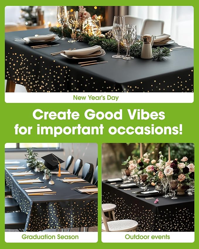 Pureegg Plastic Table Cloth Disposable 8 Pack, 54 x 108 Inch Table Cloths, Graduation Decorations Class of 2026, Graduation Tablecloths, Rectangle, Plastic Cover, Leakproof & Sturdy, Black and Gold