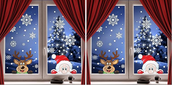 300 PCS 8 Sheet Christmas Snowflake Window Cling Stickers for Glass, Xmas Decals Decorations Holiday Snowflake Santa Claus Reindeer Decals for Party (Pack of 2)