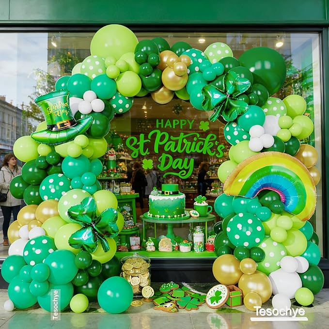 St. Patrick's Day Balloon Garland Arch Kit,Green Gold White Balloons Lucky Shamrock Clover Rainbow Hat Foil Balloons for Happy St. Patrick's Day Decorations Irish Festival Birthday Party Supplies