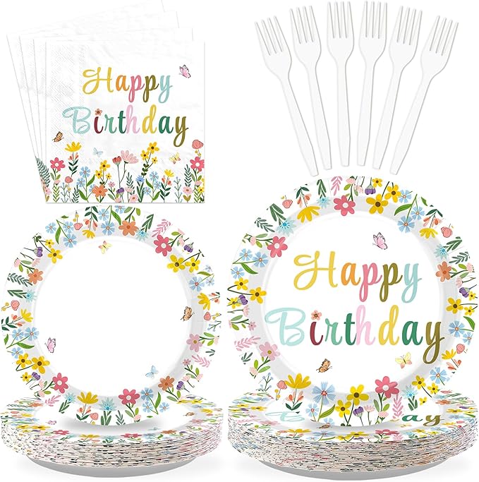 96Pcs Spring Flower Birthday Party Decorations Colorful Wildflower Plates and Napkins Groovy Boho Floral Leaf Disposable Paper Tableware Set for Women Birthday Party Supplies Serves 24