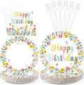 96Pcs Spring Flower Birthday Party Decorations Colorful Wildflower Plates and Napkins Groovy Boho Floral Leaf Disposable Paper Tableware Set for Women Birthday Party Supplies Serves 24