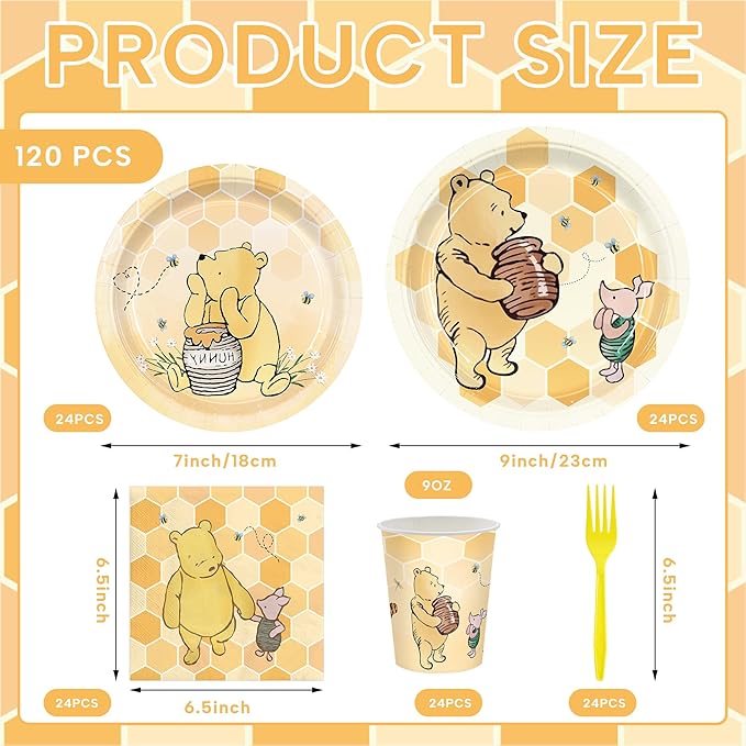 120pcs Winnie Plates and Napkins Classic Bear Baby Shower Disposable Cups Yellow Forks Paper Tableware Set Good for Baby Shower Decorations Serves 24 Guests