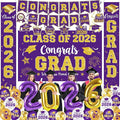 Graduation Decorations Class of 2026, Purple and Gold Graduation Decorations Include Grad Backdrop, Banner, Hanging Swirls, Porch Sign, Balloons for Congrats Grad Party Supplies