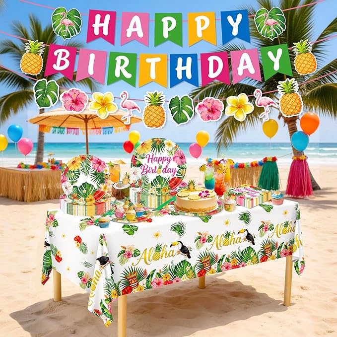 Hawaiian Birthday Party Decorations, 99Pcs Aloha Party Plates-Serve 24 With Birthday Banner Tablecloth Napkins Disposable Dinnerware Set for Hawaiian Birthdays Tropical Summer BBQ Party Decorations