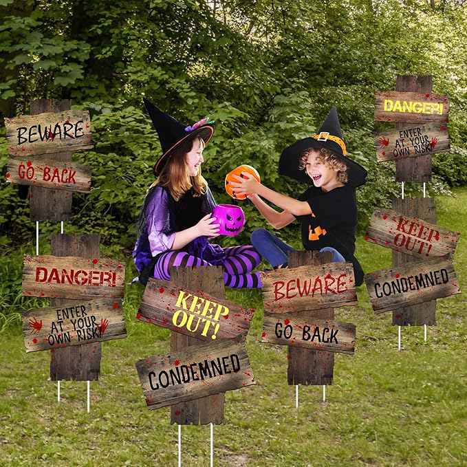 6PCS Halloween Yard Decorations Outdoor Keep Out Warning Halloween Sign Stakes Graves Lawn Bush Decorations Props Outdoor Decor for Haunted House Holiday Party Supplies