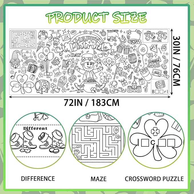 St Patricks Day Giant Coloring Poster for Kids,30x72Inch St Patricks Day Crafts Drawing Paper Coloring Tablecloth DIY Art Crafts Mat for Kids Party Clover Themed Activity Home Classroom Party Suppiles