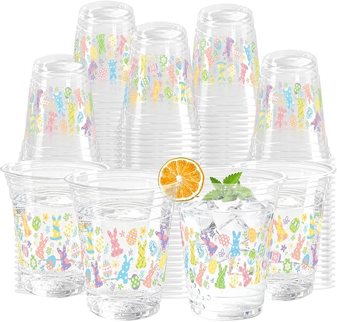 100 Pcs Easter Plastic Cups, 12 Oz Rabbit Bunny Eggs Disposable Clear Party Cups for Spring Easter Party Decoration Supplies Cold Drinking Beverage Ice Cream Snacks