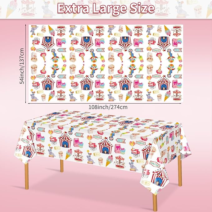 Hxezoc 3 Pack Circus Party Tablecloths, 54 x 108 Inch Disposable Plastic Carnival Table Cover for Carnival Birthday Party Decorations Outdoor Indoor Supplies