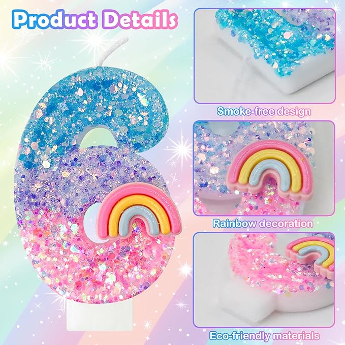 Rainbow Birthday Number Candles, Number 6 Candles, Cupcake Decorations, Macaron Birthday Cake Decorations, Cartoon Theme Party Supplies (Number 6)