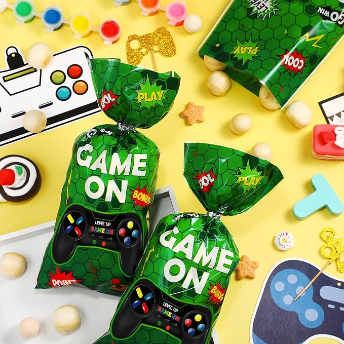 Pajean 100pcs Video Game Plastic Loot Bags Game on Favor Goody Candy Treat Bags for Themed Birthday Party(Green)