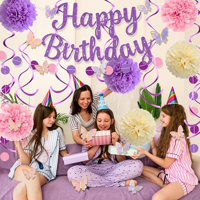 Pink Purple Birthday Decorations, Happy Birthday Banner and Paper Pompoms, Hanging Swirls, Circle Dots Garland, Butterfly Stickers Cake Toppers for Girls Women Party Decorations
