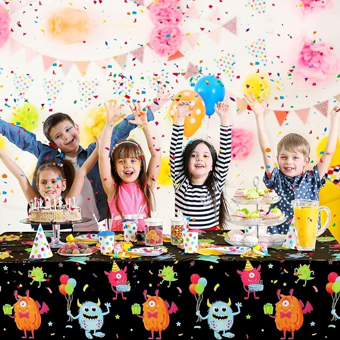 Buryeah 3 Pieces Monster Table Covers Plastic Little Monster Birthday Table Cloths for Kids Boys Birthday Party Decoration Supplies, 54 x 108 Inch