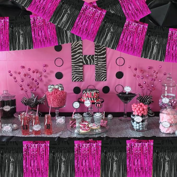 BEISHIDA 3 Packs Metallic Foil Fringe Garland Black Hot Pink Wall Hanging Tinsel Fringe Banners for Car Floats Bridal Shower Wedding Birthday Graduation Holiday Party Decoration(30 Feet)
