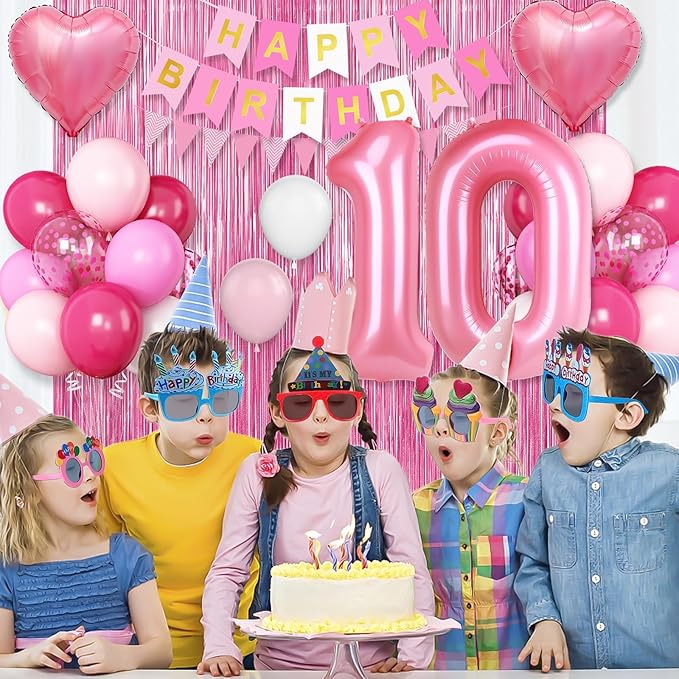 10th Birthday Decorations for Girls,Hot Pink 10th Birthday Balloons with Happy Birthday Banner Fringe Curtain Heart Foil Balloons for 10 Year Old Birthday Decor