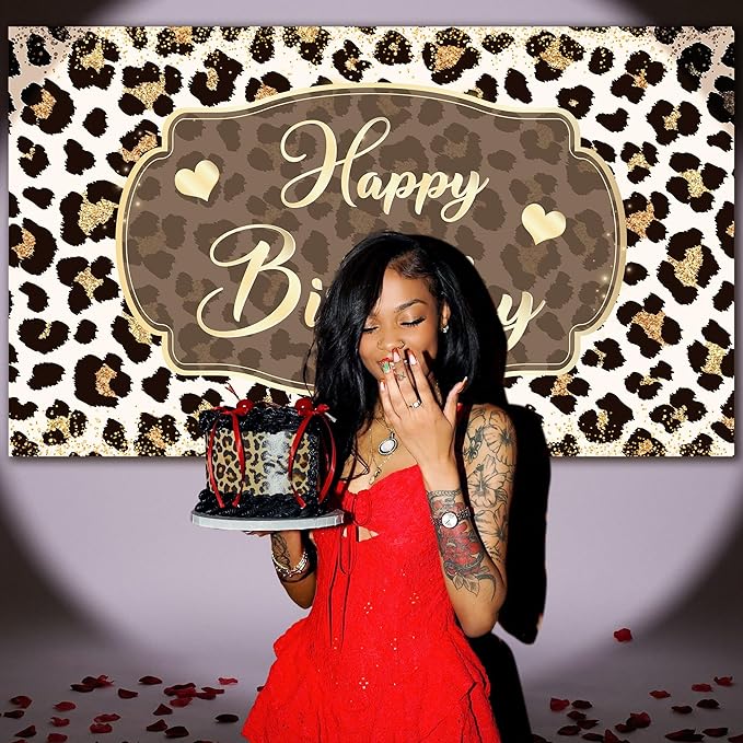 Leopard Happy Birthday Backdrop 5 x 3 Ft Cheetah Print Birthday Decorations Backdrop Banner for Women Girl, Cheetah Leopard Party Decorations for Wall, Photography Background Decor