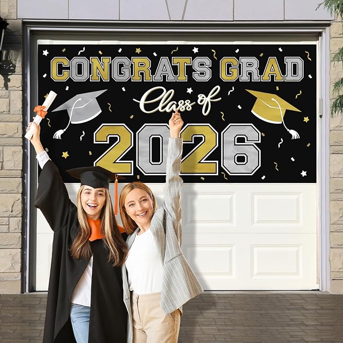 2026 Graduation Party Plastic Backdrop - 65" x 32.7" Congrats Grad Banner in Black, Large Class of 2026 Decorations, Photography & Grad Party Supplies