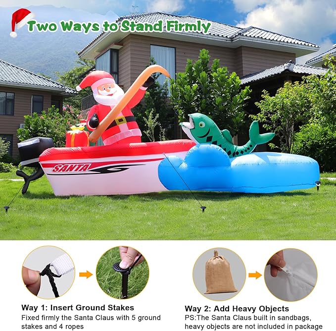 FunFanso 11 FT Christmas Inflatable Santa Claus Fishing on The Boat, Blow up Outdoor Decorations with Built-in Bright LED Lights, Vibrant Xmas Festival Decor for Lawn Yard Garden Holiday Party Porch