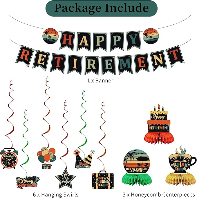 Vlipoeasn Retirement Decorations for Men Women, Colorful Vintage Retirement Party Set with Banner Honeycomb Centerpieces Hanging Swirls, Office Retired Farewell Decor