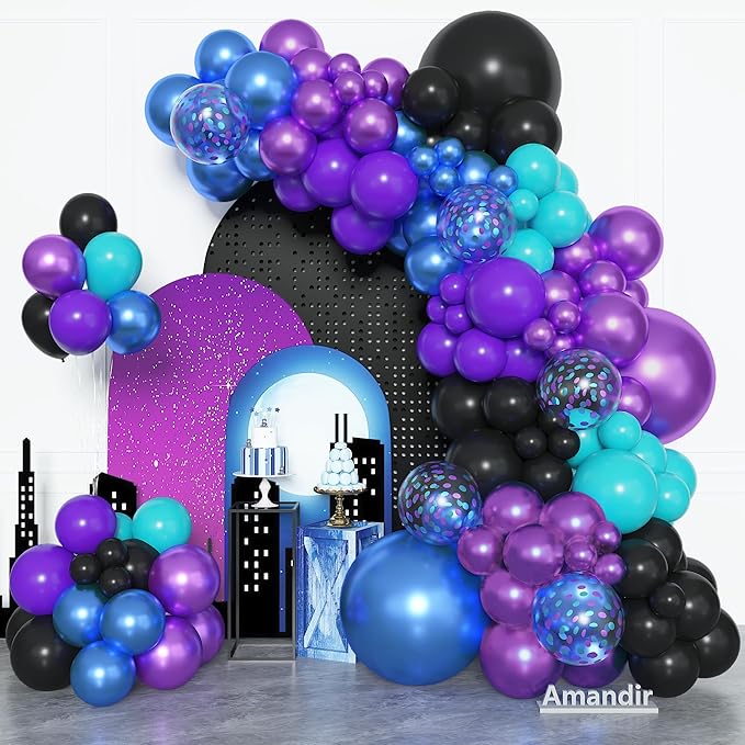 Amandir 153pcs Black Purple Blue Balloon Arch Garland Kit, Different Sizes 18 12 10 5 inch Confetti Teal Metallic Blue Purple Balloons for Video Outer Space Themed Shower Birthday Party Decorations