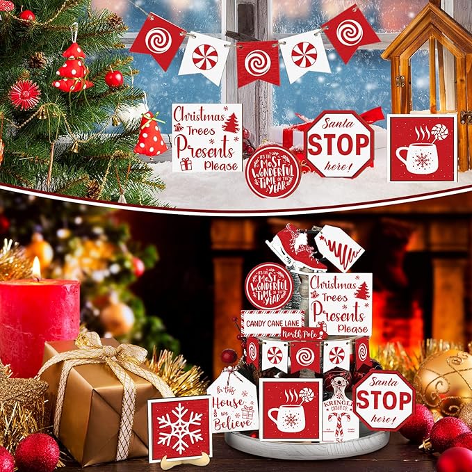 15 Pcs Christmas Tiered Tray Decor Rustic Christmas Decorations Candy Hot Cocoa Snowflake Wood Sign Xmas Tiered Tray Winter Farmhouse Rustic Table Decor for New Year Home Shelf Tabletop