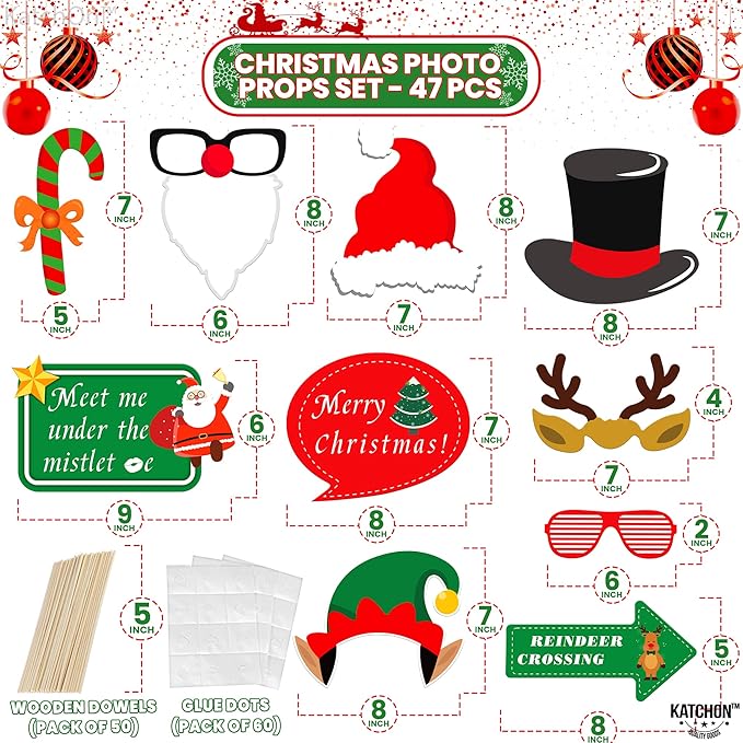KatchOn, Christmas Photo Booth Props - Pack of 47, Little DIY | Christmas Decorations Indoor, Outdoor | Party Photo Props, Selfie Prop | Merry Xmas Party Prop with Pose Signs for Decorations