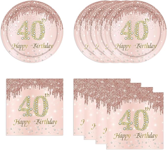 40th Rose Gold Birthday Plates and Napkins, 9 Inch Pink Rose Gold Disposable Dinner Dessert Plates Happy 40th Birthday Party Supplies Decorations for Girls Women