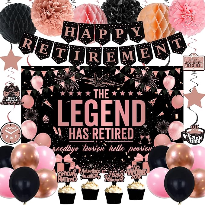 Retirement Party Decorations Women, Rose Gold Black Happy Retirement Decorations Female, Happy RetIrement Banner, Retired Backdrop, Balloons, Pompom, Hanging Swirl, Retired Card, Cake Topper 54pcs