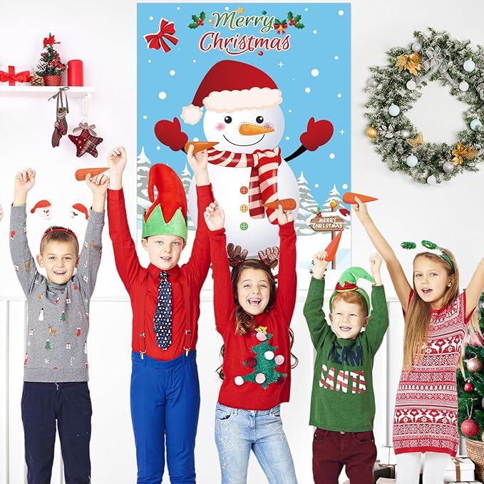 WNINK Pin The Nose on The Snowman Game, Christmas Games, Christmas Party Activities with 36 pcs Nose Stickers and Blindfold for Kids, Adults, Family Holiday Fun