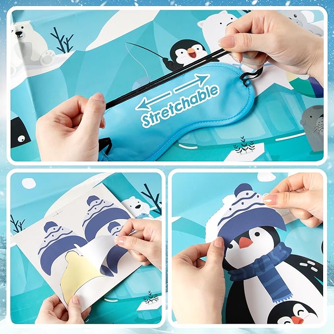 Winter Party Games for Kids Christmas Pin the Hat On the Penguin Large Poster with Stickers Blindfolds Fun Polar Arctic Animals Activities Party Decorations for Xmas Holiday Birthday Family Gatherings