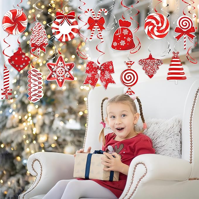 36Pcs Christmas Peppermint Candy Hanging Swirls, Red and White Christmas Ceiling Hanging Swirls Streamers for Winter Xmas Party Decorations